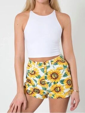 American Apparel Sunflower High Waist Denim Shorts Size 28/29 Floral Cuffed Hem